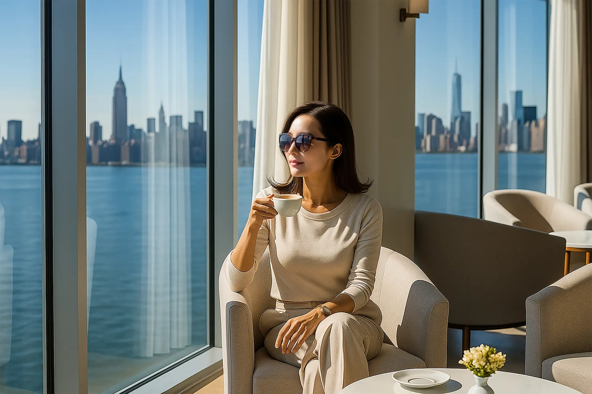 Woman drinking coffee on a background of NYC skyline